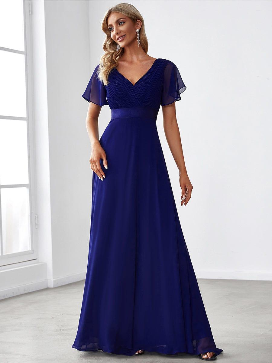 Long Chiffon Empire Waist Bridesmaid Dress with Short Flutter Sleeves #color_Royal Blue