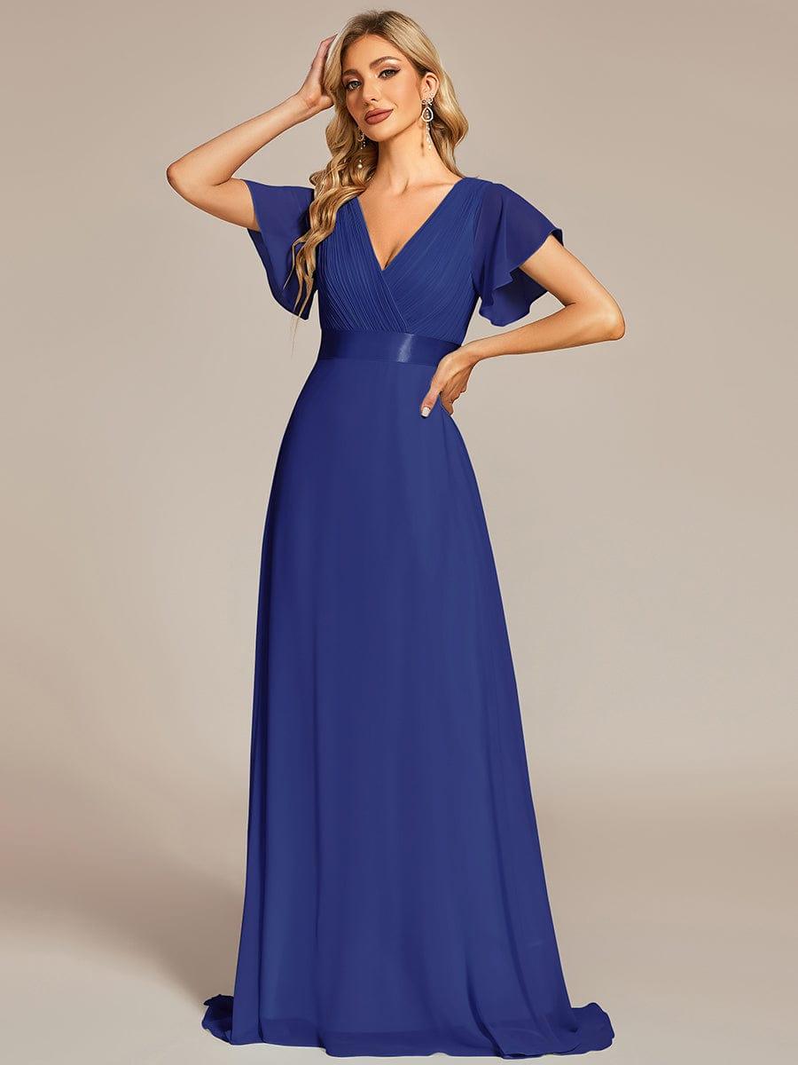 Long Chiffon Empire Waist Bridesmaid Dress with Short Flutter Sleeves #color_Sapphire Blue