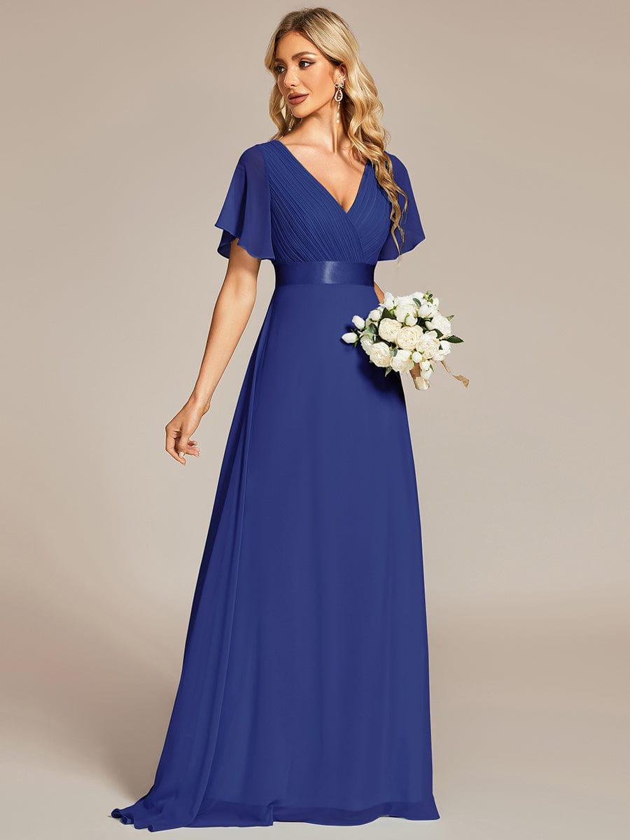 Long Chiffon Empire Waist Bridesmaid Dress with Short Flutter Sleeves #color_Sapphire Blue