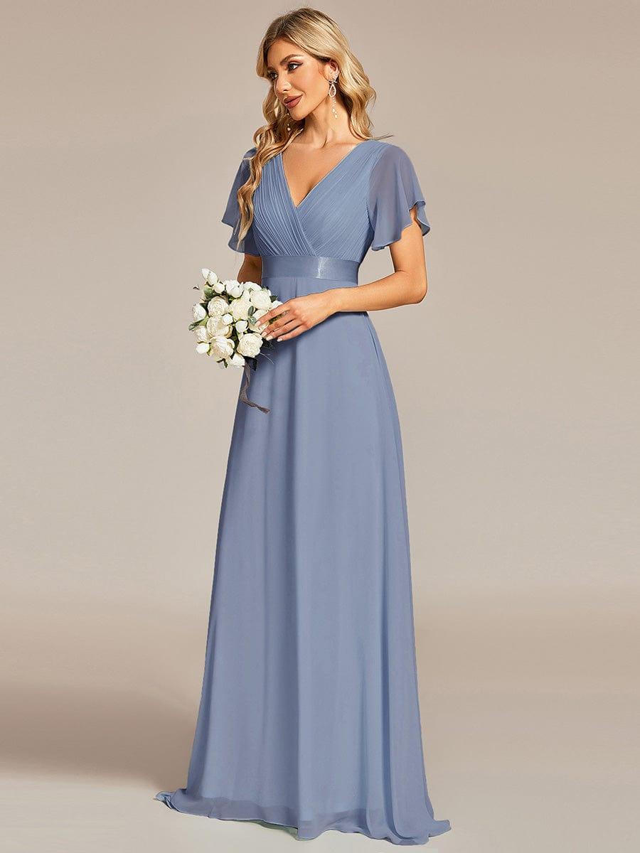 Long Empire Waist Evening Dress with Short Flutter Sleeves #color_Slate Blue