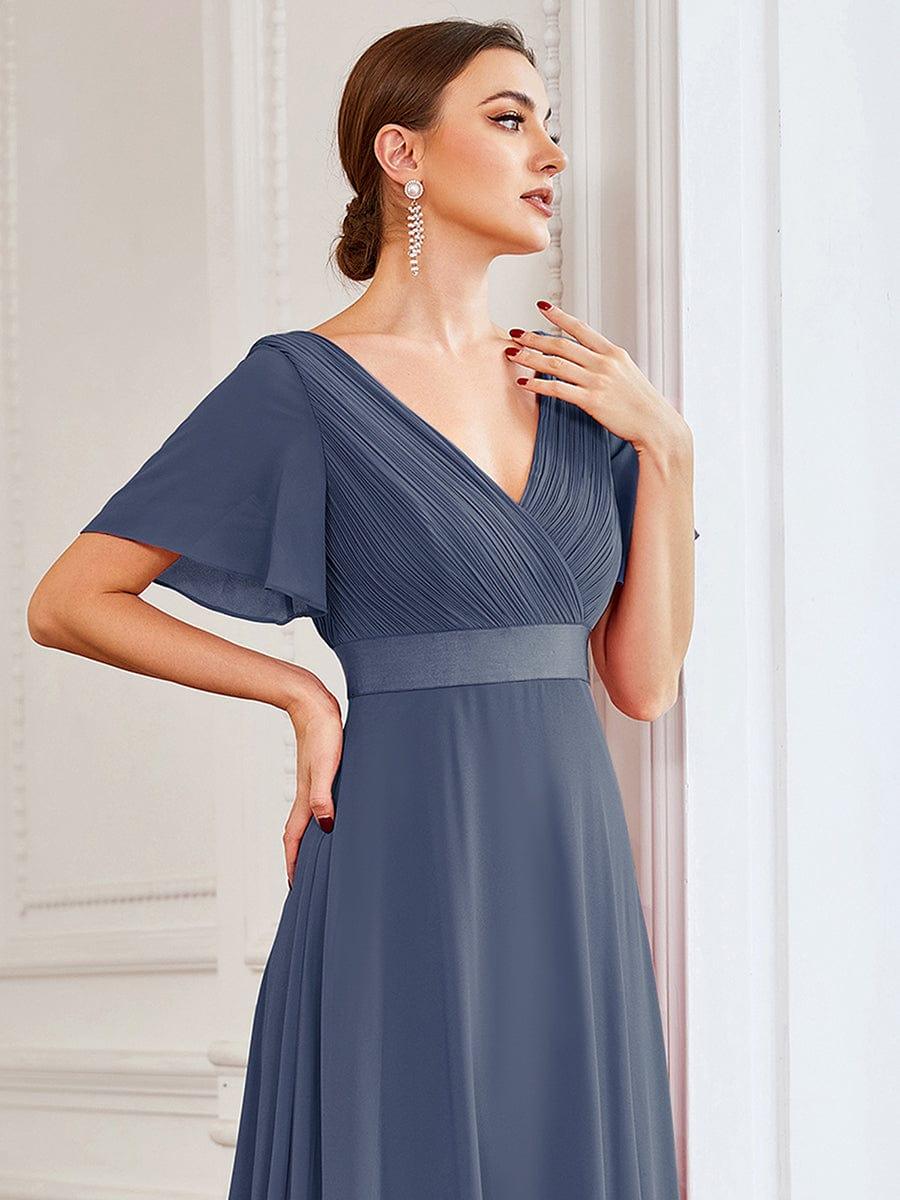 Long Empire Waist Evening Dress with Short Flutter Sleeves #color_Stormy