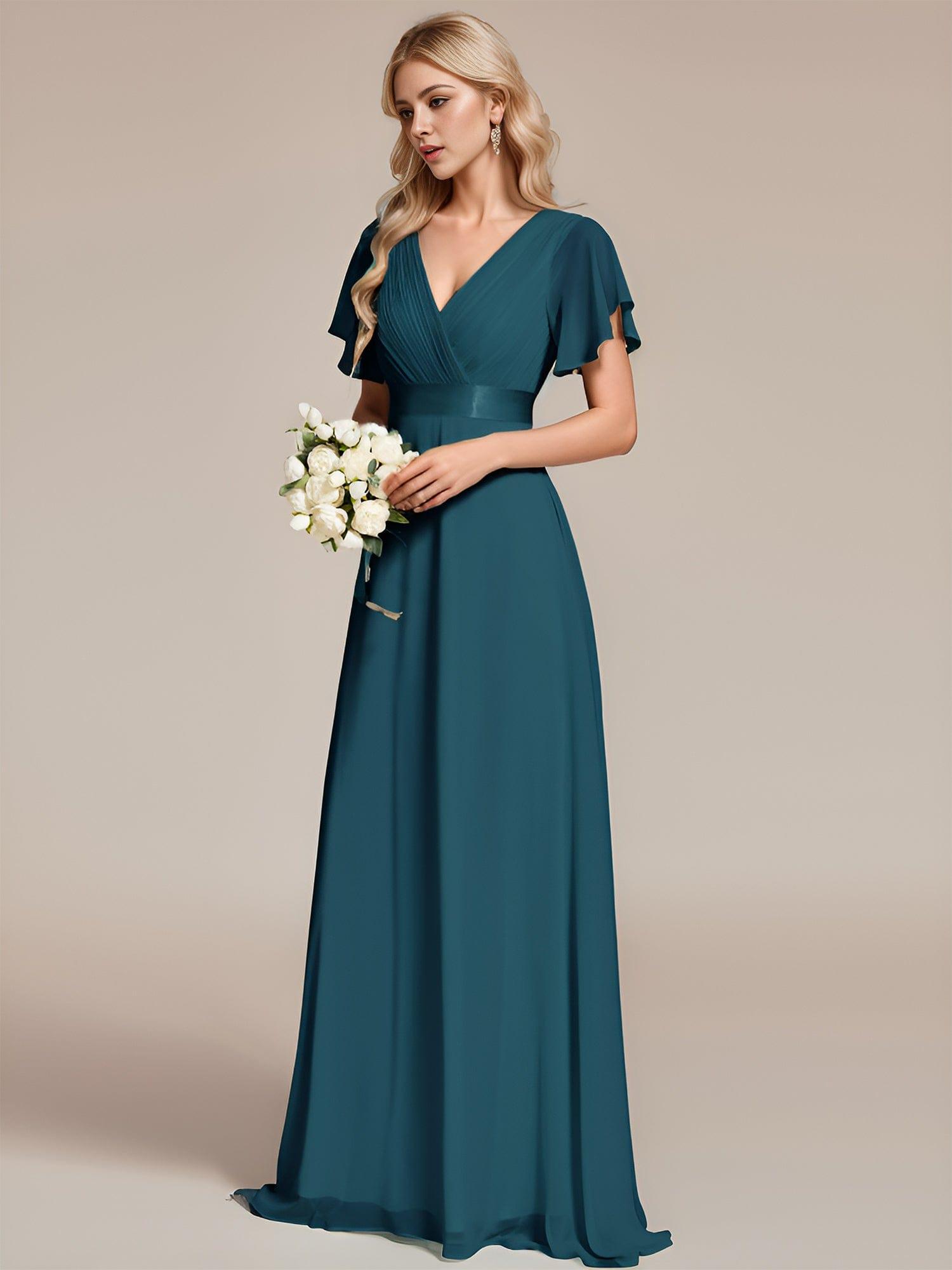 Long Chiffon Empire Waist Bridesmaid Dress with Short Flutter Sleeves #color_Teal