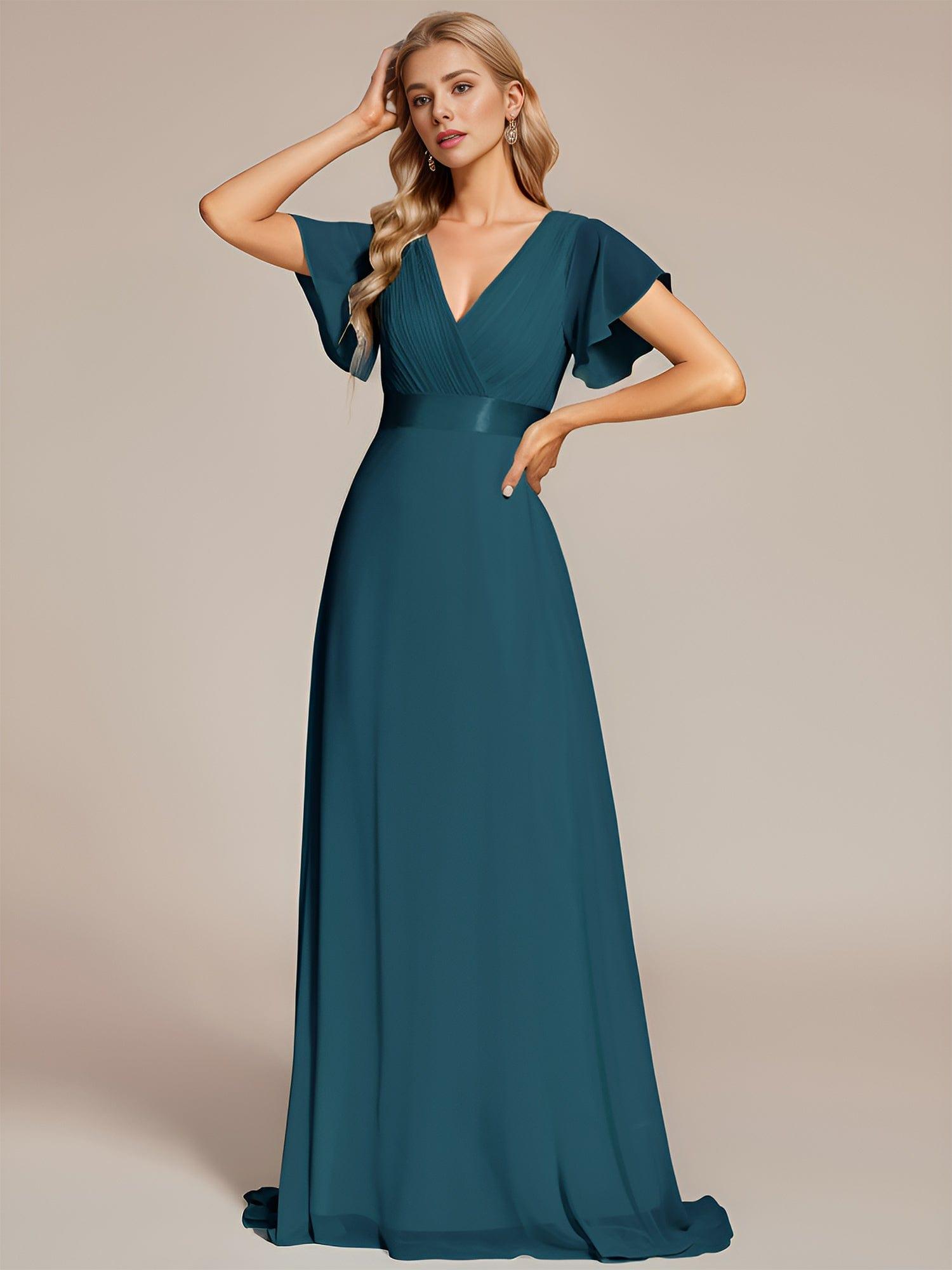 Long Chiffon Empire Waist Bridesmaid Dress with Short Flutter Sleeves #color_Teal