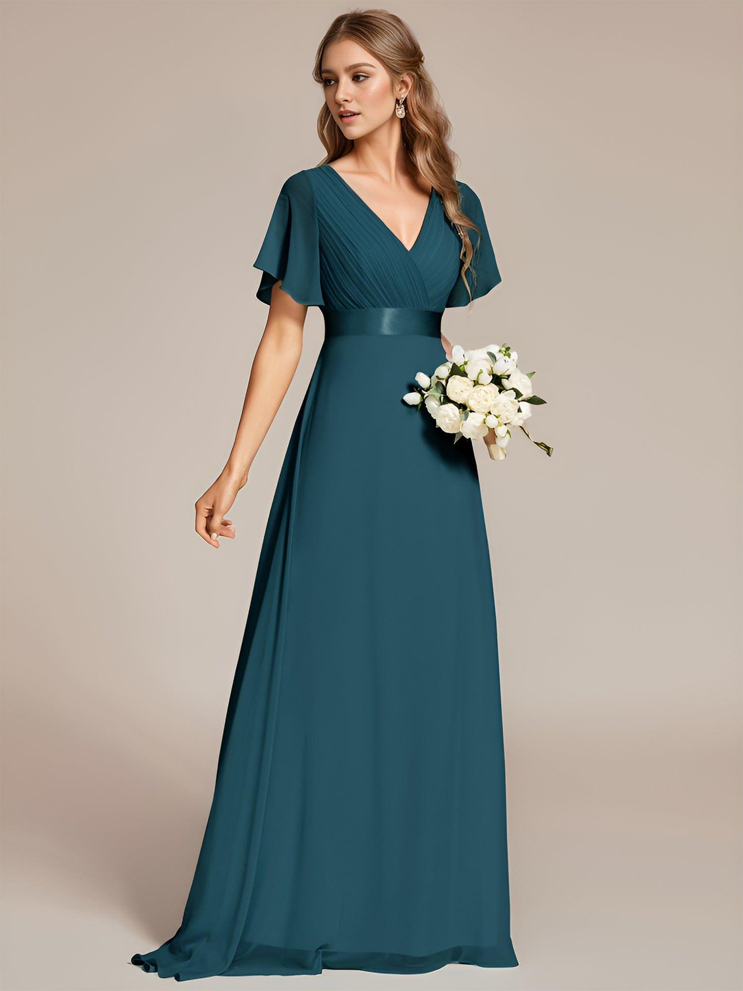 Long Chiffon Empire Waist Bridesmaid Dress with Short Flutter Sleeves #color_Teal
