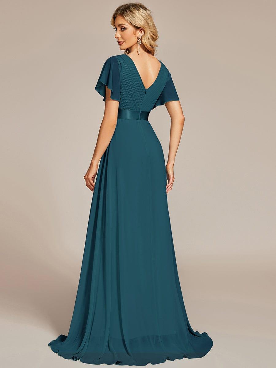 Long Chiffon Empire Waist Bridesmaid Dress with Short Flutter Sleeves #color_Teal