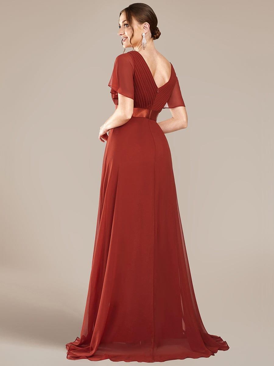 Long Chiffon Empire Waist Bridesmaid Dress with Short Flutter Sleeves #color_Vermilion