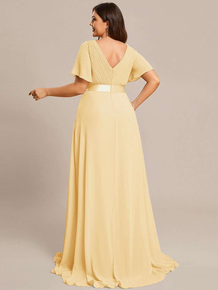 Long Empire Waist Evening Dress with Short Flutter Sleeves #color_Yellow