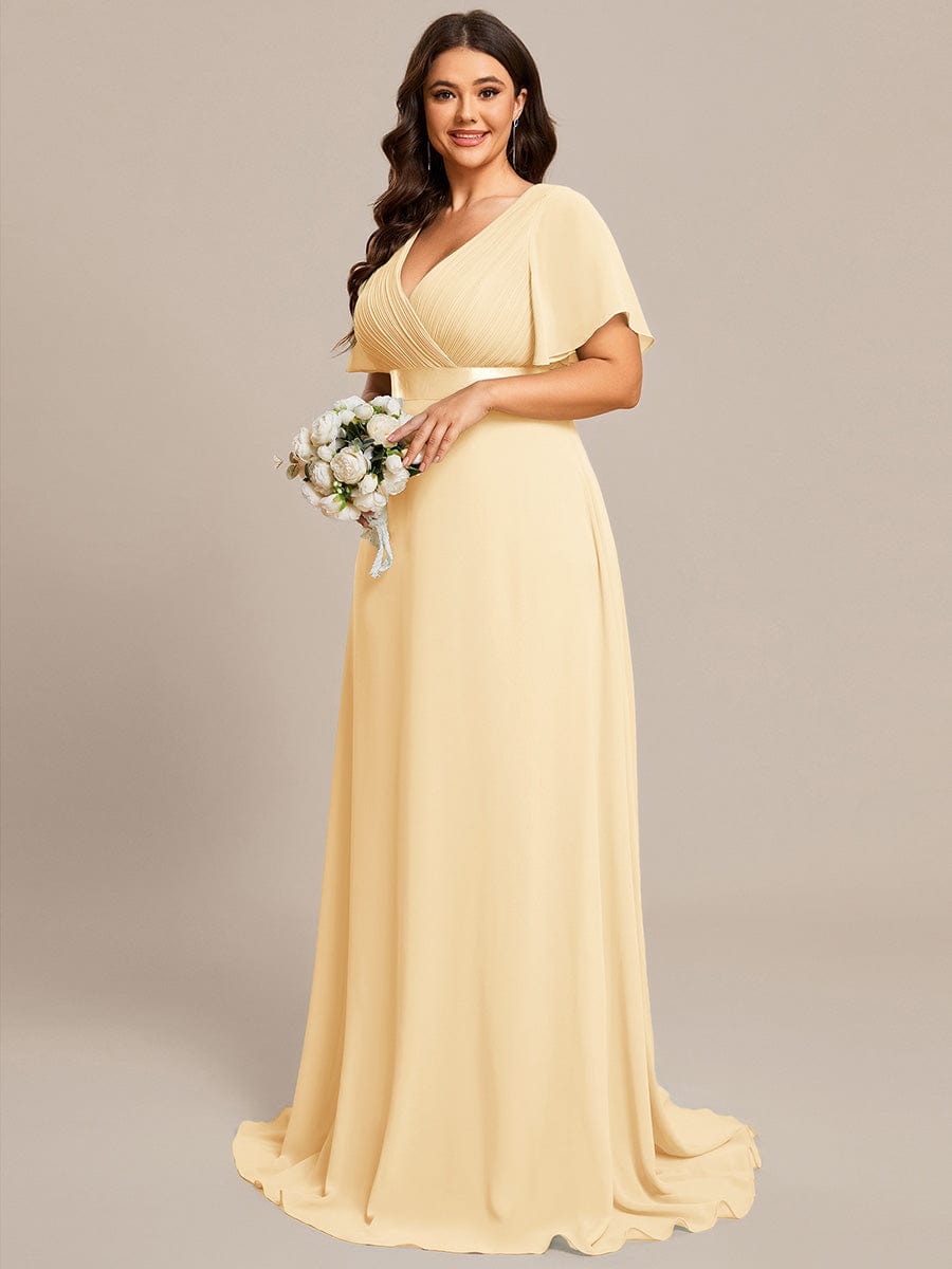 Plus Size Simple Empire Waist Flutter Sleeve Evening Dress #color_Yellow