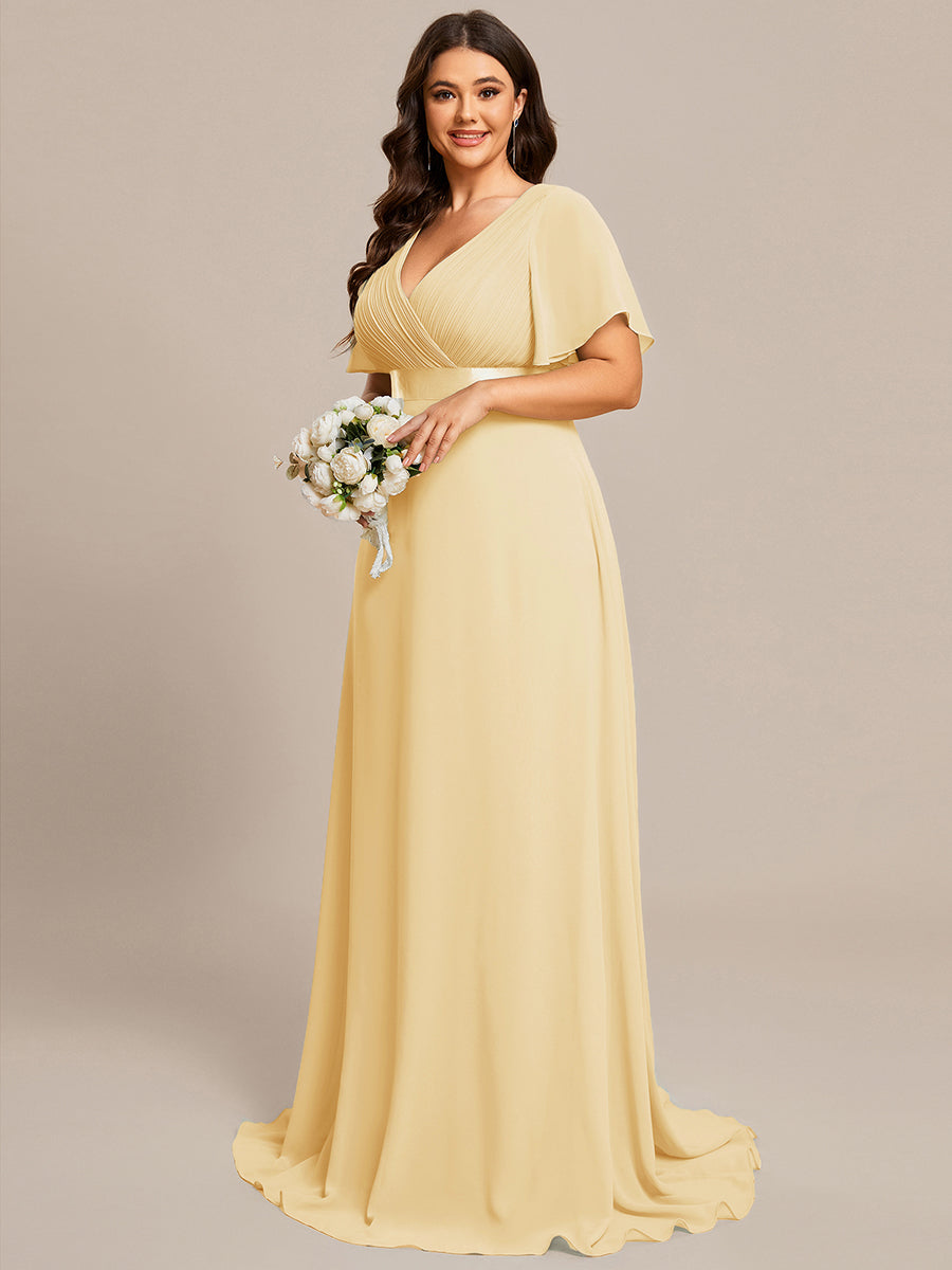 Plus Size Simple Empire Waist Flutter Sleeve Evening Dress #color_Yellow
