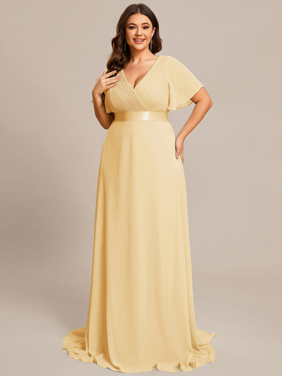 Long Chiffon Empire Waist Bridesmaid Dress with Short Flutter Sleeves #color_Yellow