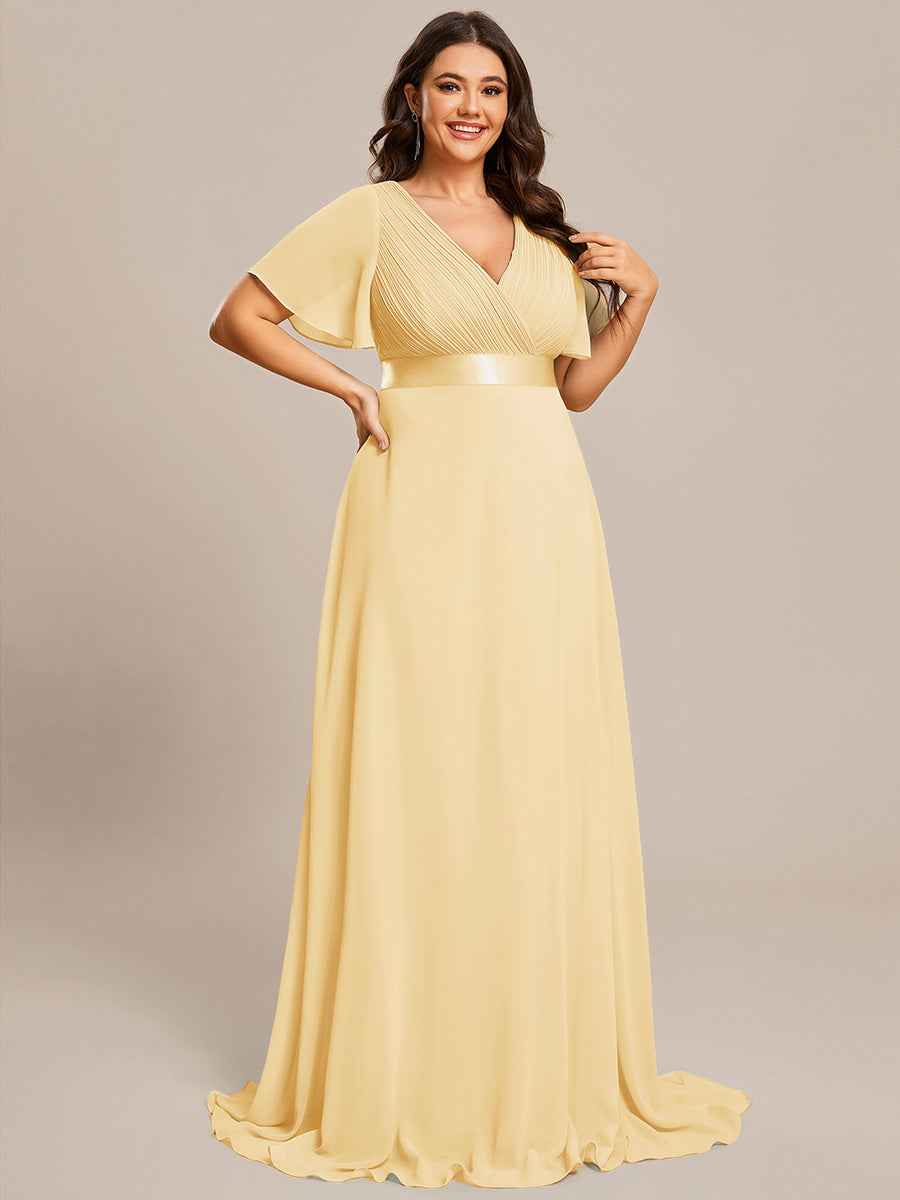 Long Chiffon Empire Waist Bridesmaid Dress with Short Flutter Sleeves #color_Yellow