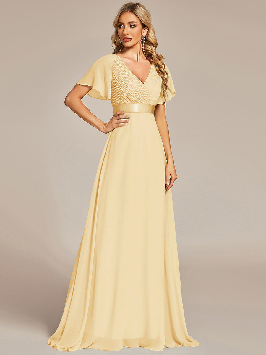 Long Empire Waist Evening Dress with Short Flutter Sleeves #color_Yellow