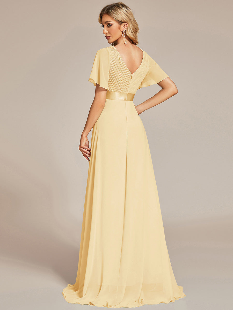 Long Chiffon Empire Waist Bridesmaid Dress with Short Flutter Sleeves #color_Yellow