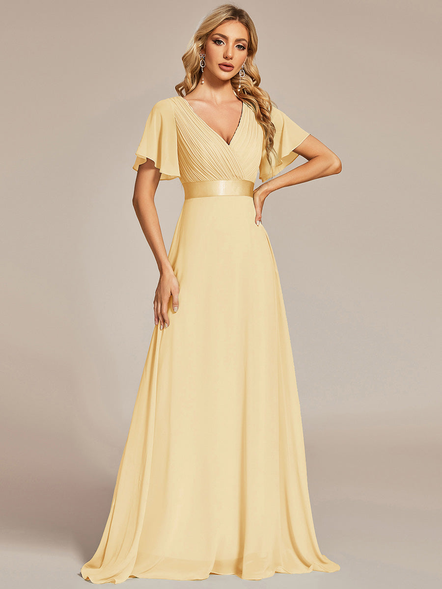 Long Empire Waist Evening Dress with Short Flutter Sleeves #color_Yellow