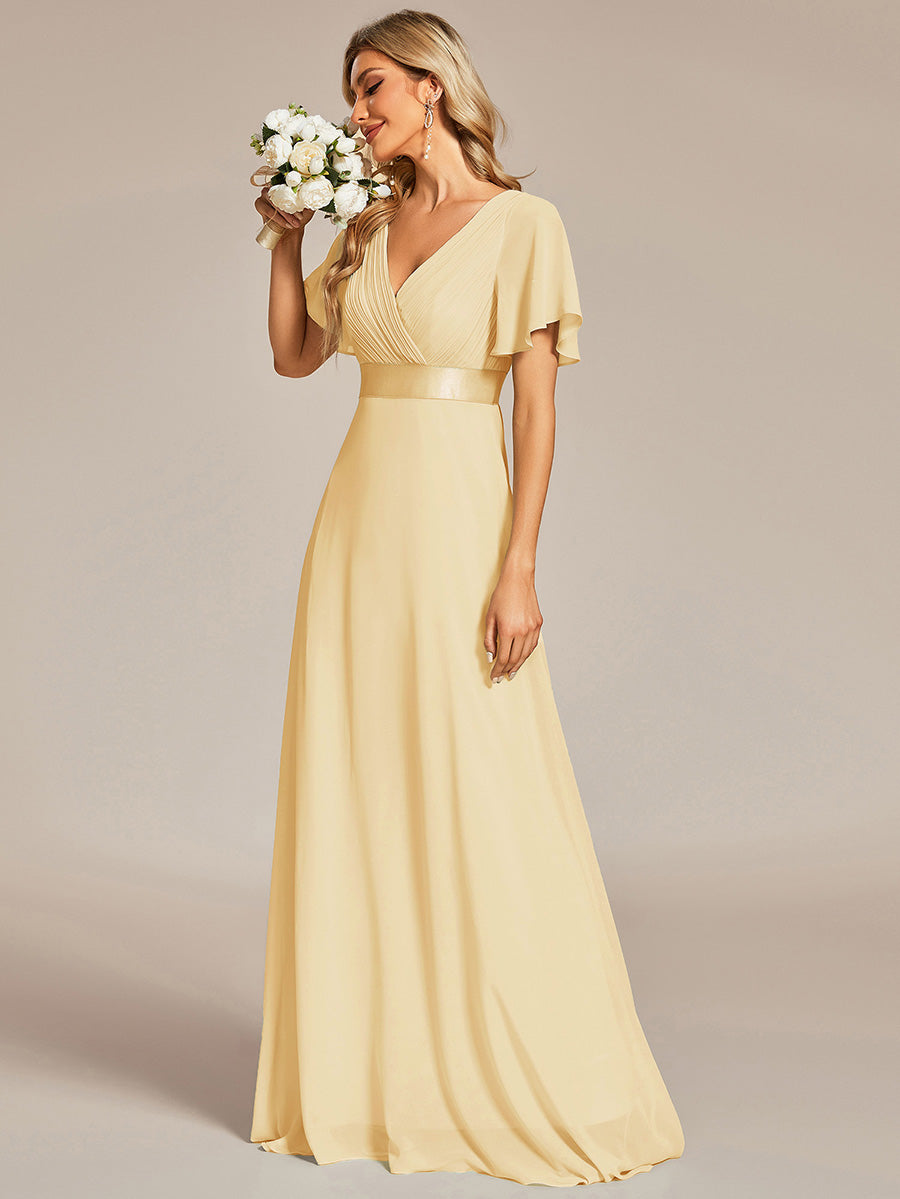 Long Chiffon Empire Waist Bridesmaid Dress with Short Flutter Sleeves #color_Yellow