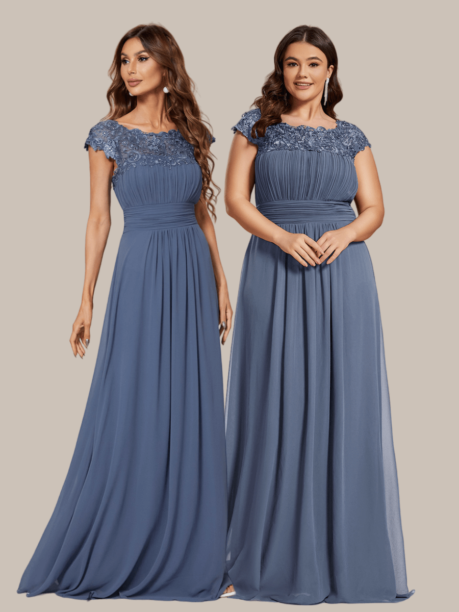 Elegant Maxi Long Lace Cap Sleeve Bridesmaid Dress #color_Dusty Blue
