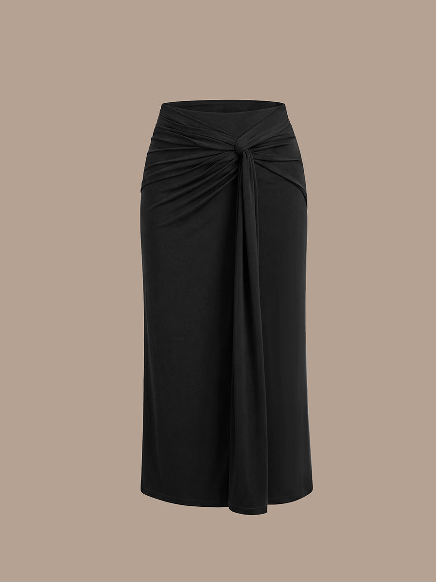 Knot Detail Knit Bodycon Skirts #color_Black