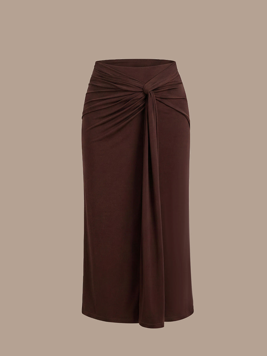 Knot Detail Knit Bodycon Skirts #color_Chocolate Brown
