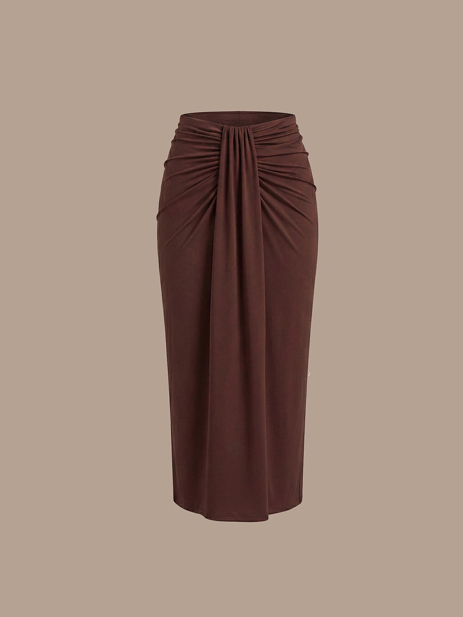 Knit Bodycon Midi Length Skirts #color_Chocolate Brown