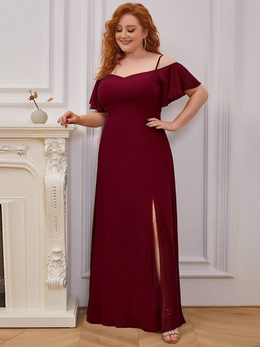 Plus Size Cold Shoulder Formal Bridesmaid Dress with Side Slit #color_Burgundy