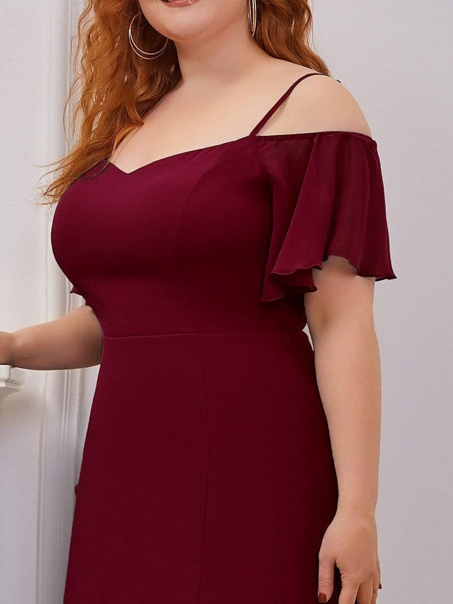 Plus Size Cold Shoulder Formal Bridesmaid Dress with Side Slit #color_Burgundy