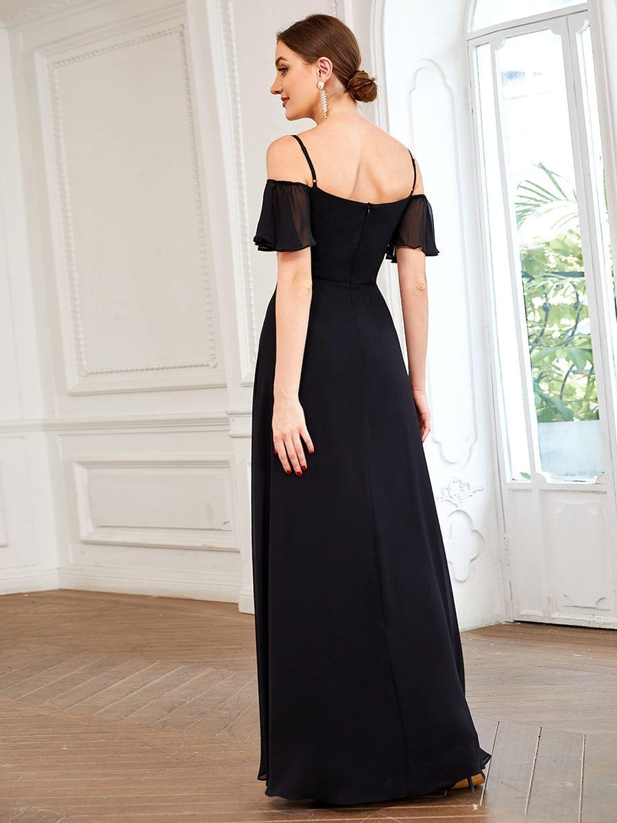 Stylish Cold Shoulder Flare Sleeves Flowy Bridesmaid Dress #color_Black