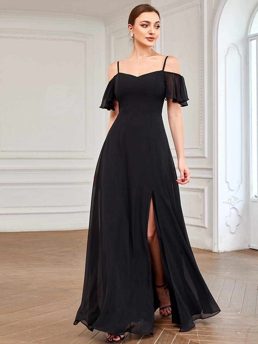 Stylish Cold Shoulder Flare Sleeves Flowy Bridesmaid Dress #color_Black
