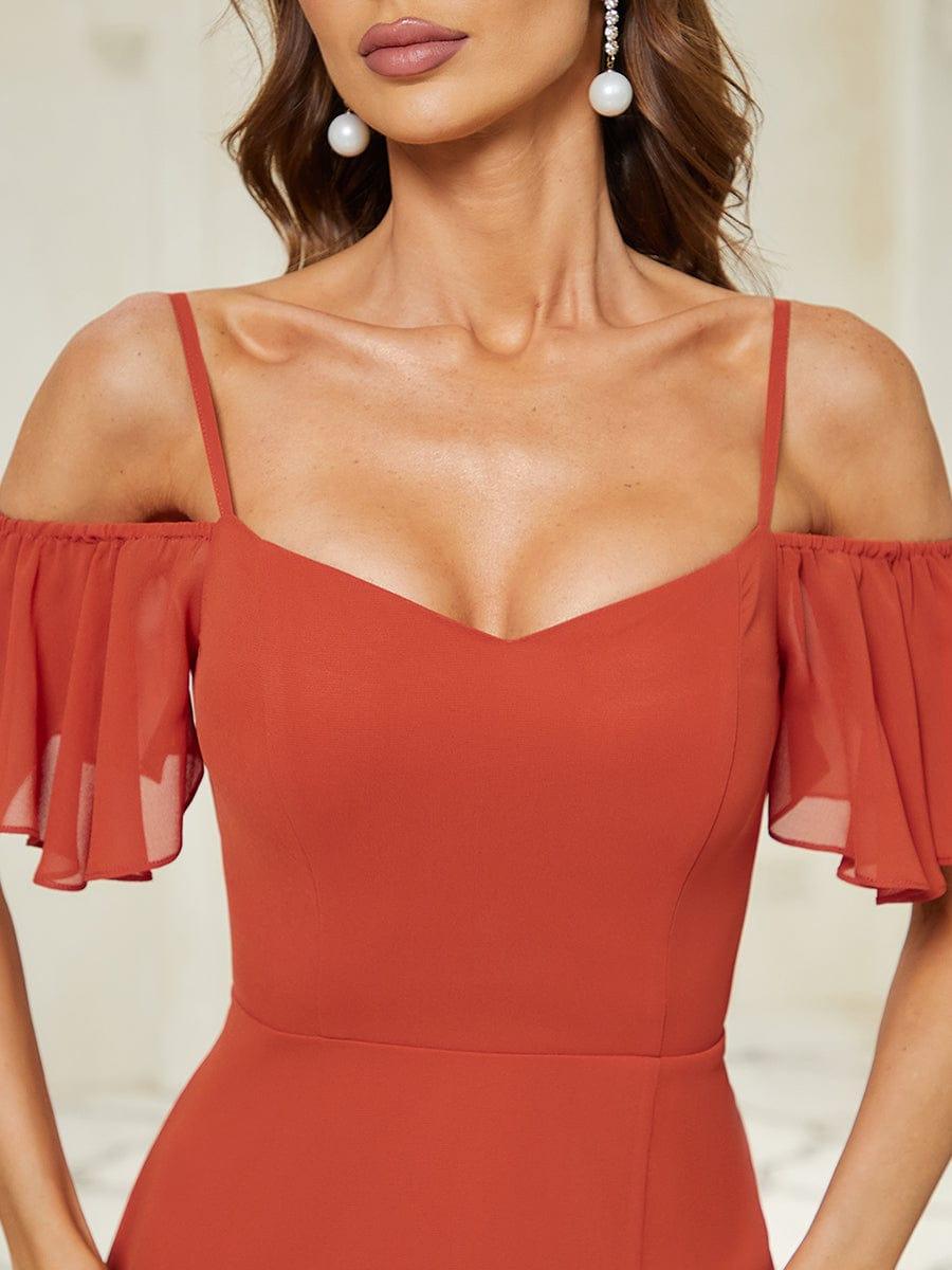 Stylish Cold Shoulder Flare Sleeves Flowy Bridesmaid Dress #color_Burnt Orange