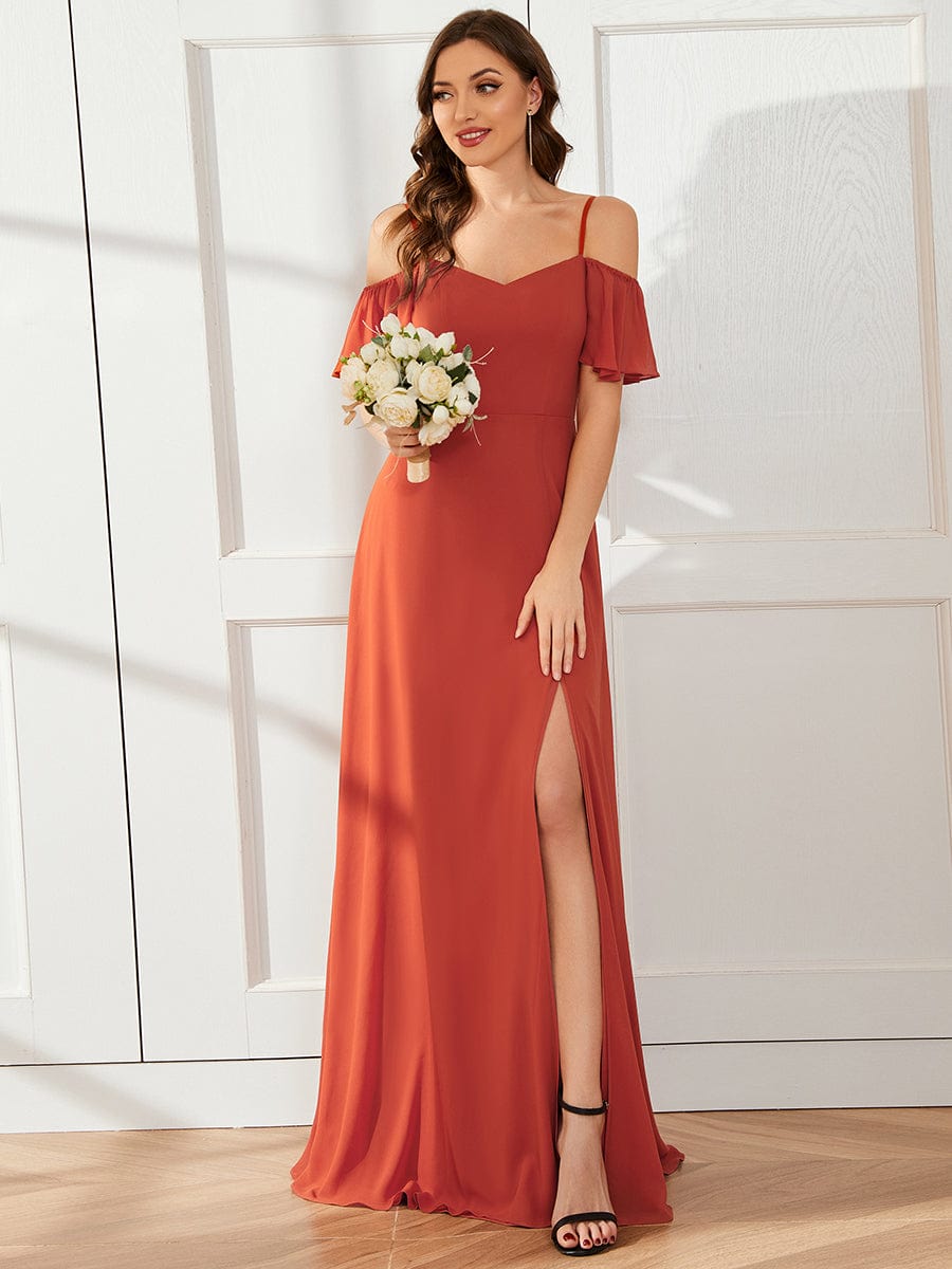 Stylish Cold Shoulder Flare Sleeves Flowy Bridesmaid Dress #color_Burgundy