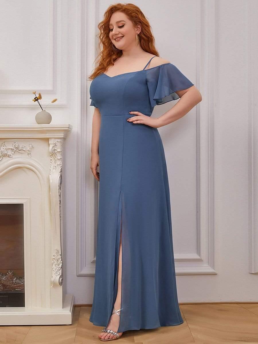 Plus Size Cold Shoulder Formal Bridesmaid Dress with Side Slit #color_Dusty Blue