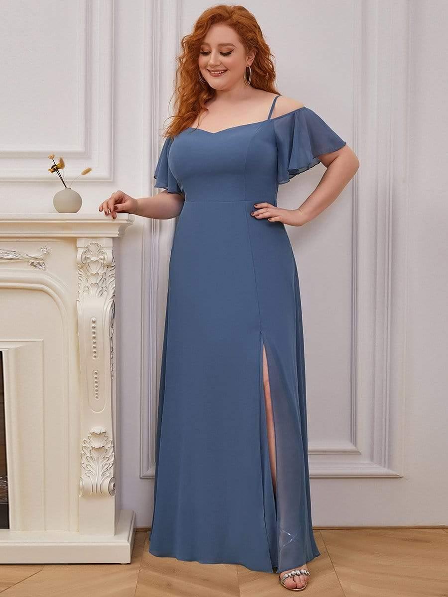 Plus Size Cold Shoulder Formal Bridesmaid Dress with Side Slit #color_Dusty Blue