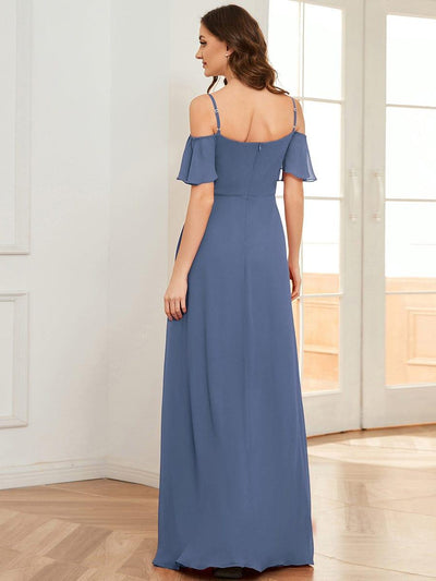 Stylish Cold Shoulder Flare Sleeves Flowy Bridesmaid Dress #color_Dusty Blue