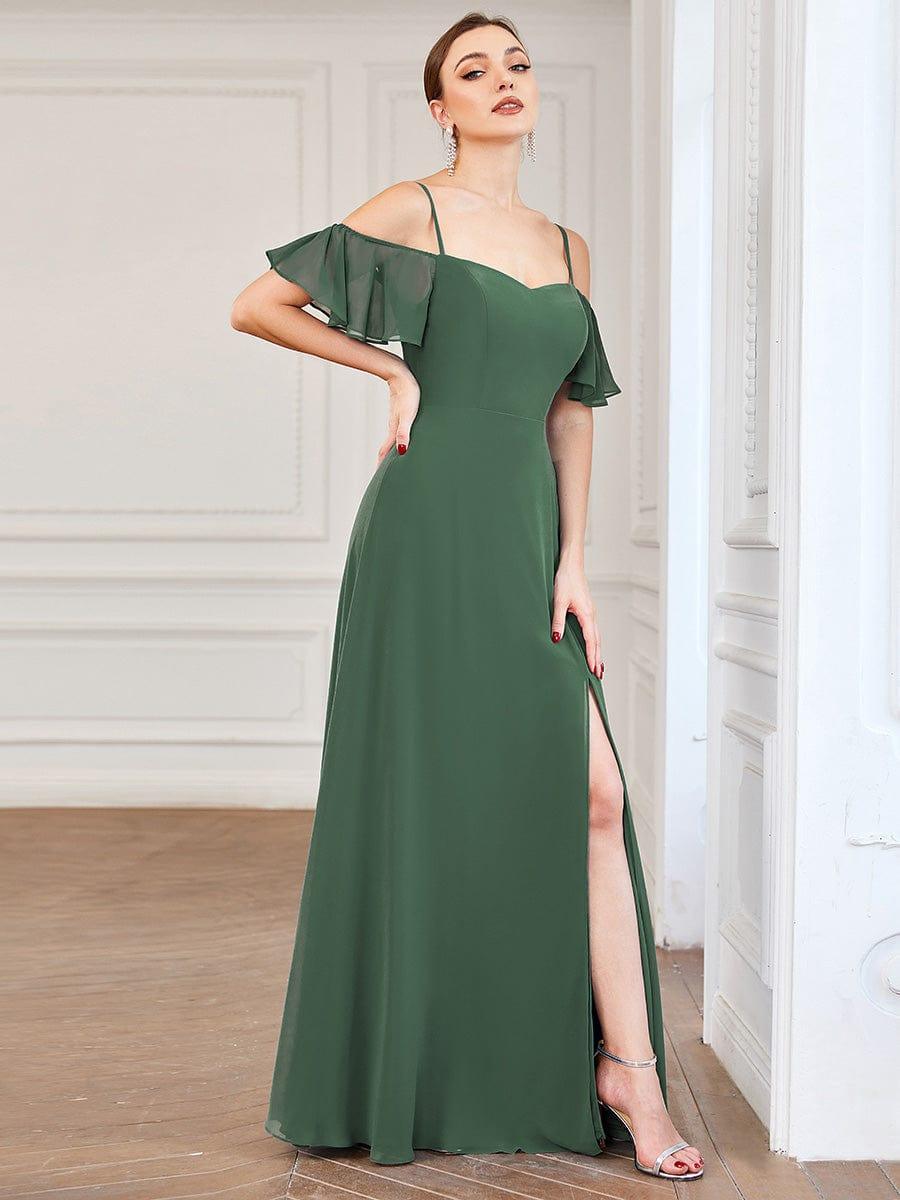 Stylish Cold Shoulder Flare Sleeves Flowy Bridesmaid Dress #color_Eucalyptus