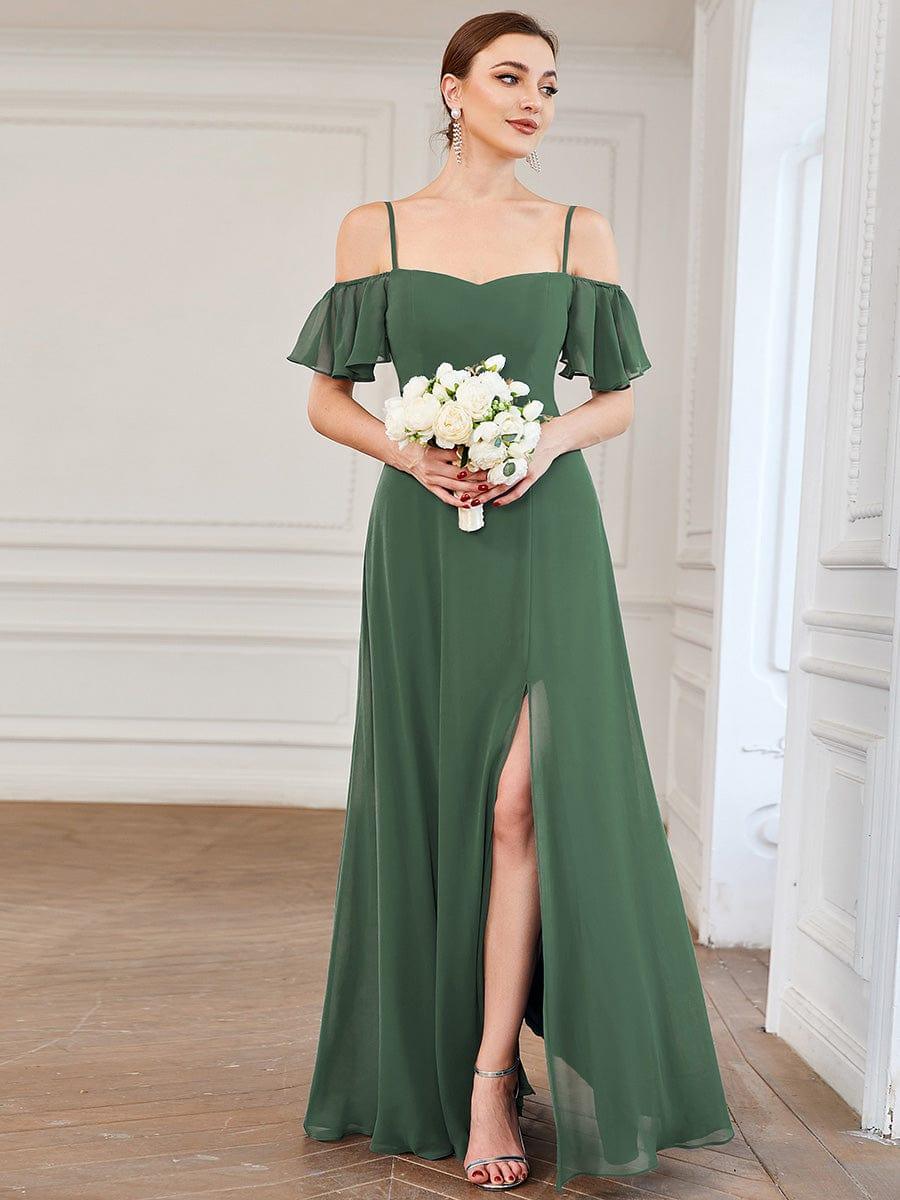 Stylish Cold Shoulder Flare Sleeves Flowy Bridesmaid Dress #color_Eucalyptus