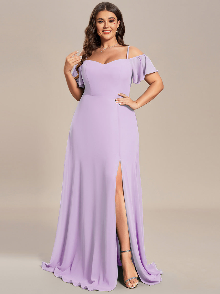 Off Shoulder High Slit Chiffon Flowy Bridesmaid Dress #color_Frosted Lilac