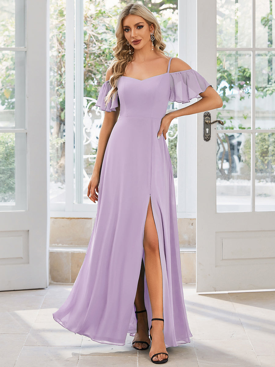 Stylish Cold Shoulder Flare Sleeves Flowy Bridesmaid Dress #color_Frosted Lilac