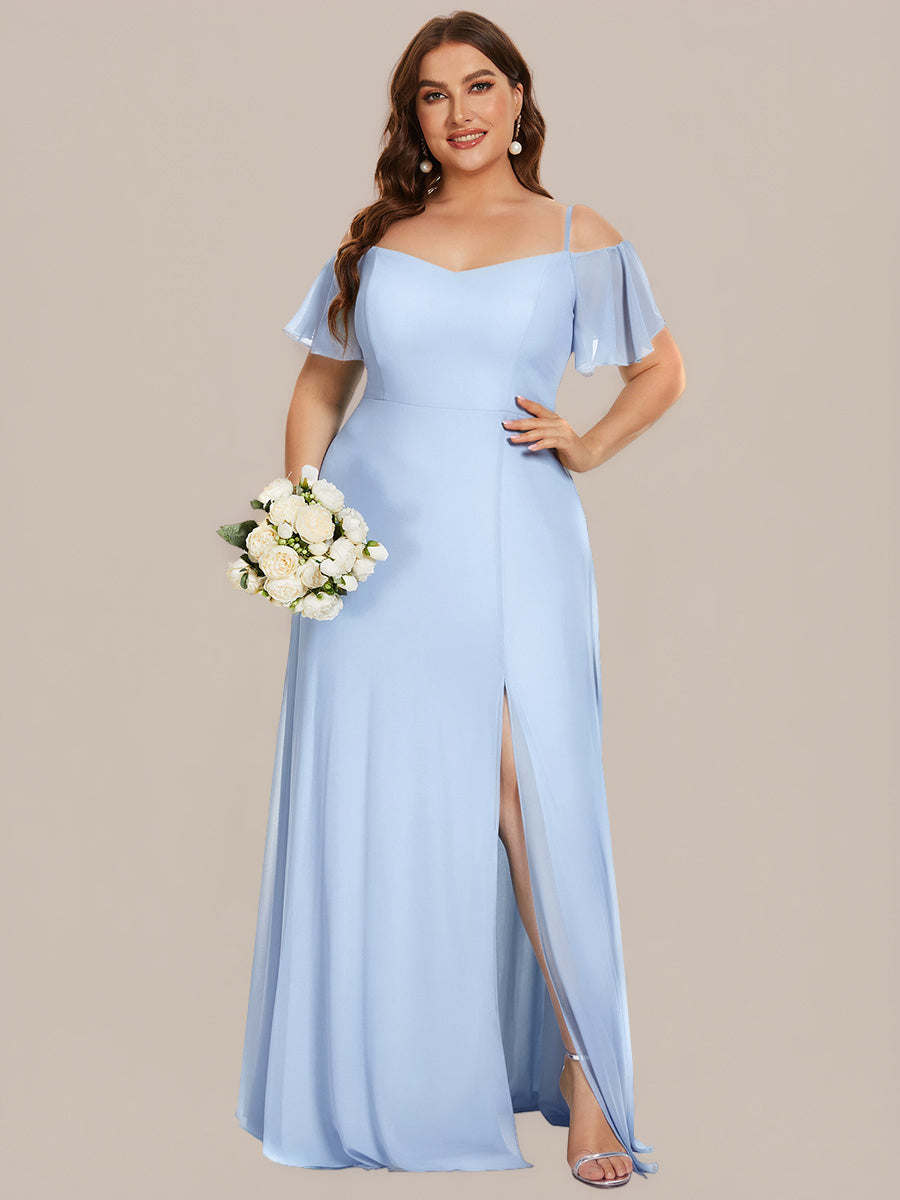 Stylish Cold Shoulder Flare Sleeves Flowy Bridesmaid Dress #color_Ice Blue
