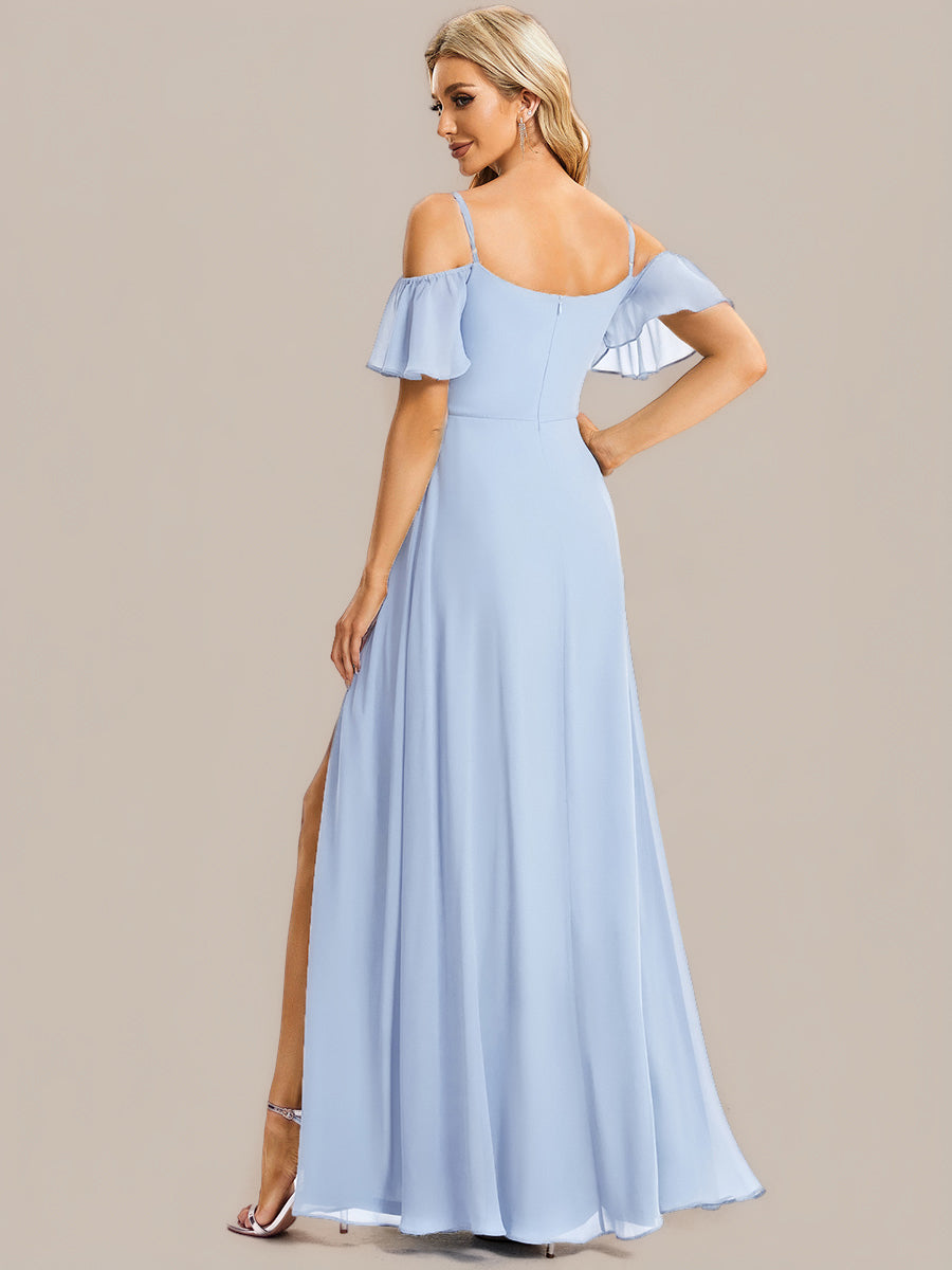 Off Shoulder High Slit Chiffon Flowy Bridesmaid Dress #color_Ice Blue
