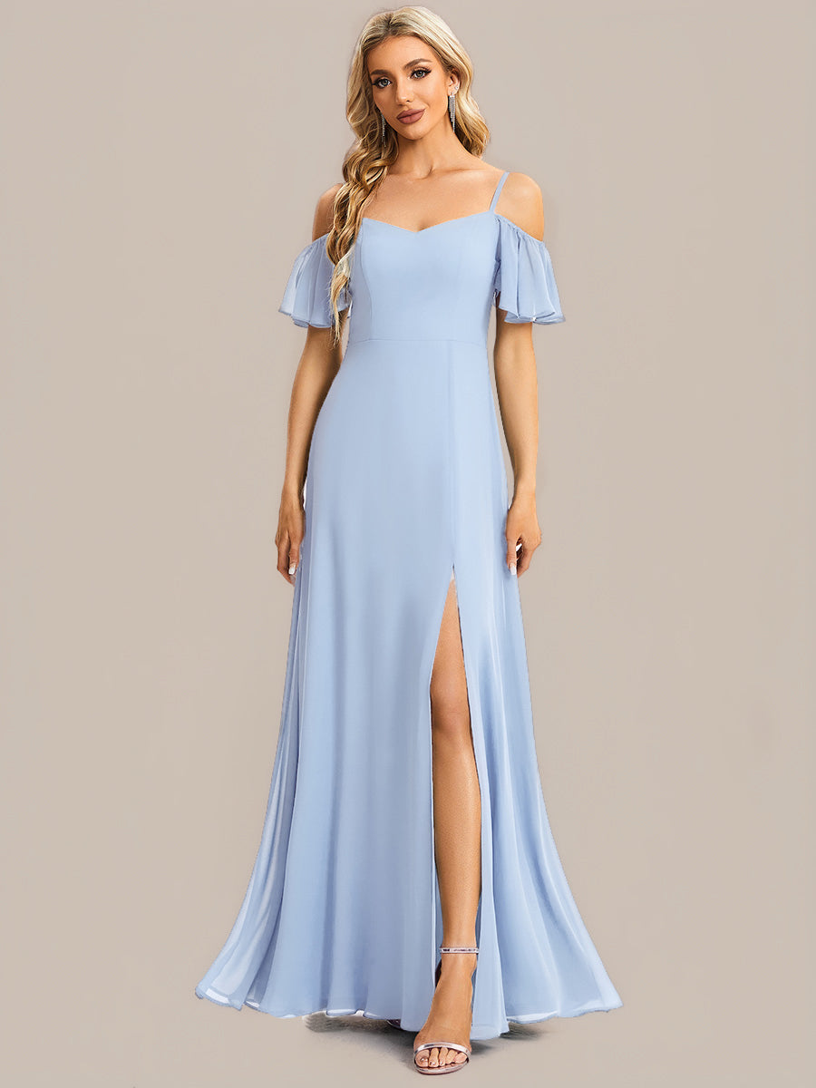 Off Shoulder High Slit Chiffon Flowy Bridesmaid Dress #color_Ice Blue