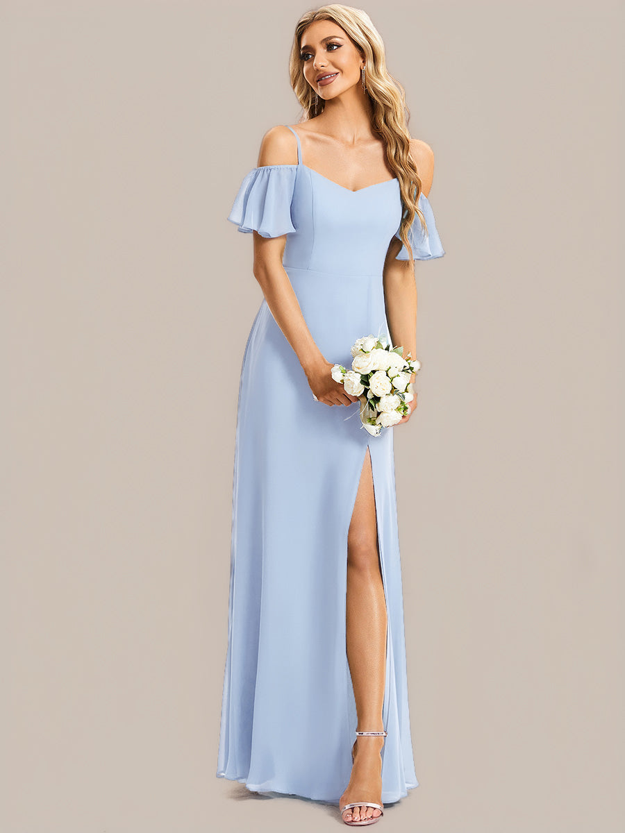 Stylish Cold Shoulder Flare Sleeves Flowy Bridesmaid Dress #color_Ice Blue