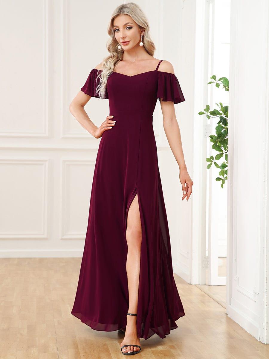Stylish Cold Shoulder Flare Sleeves Flowy Bridesmaid Dress #color_Mulberry