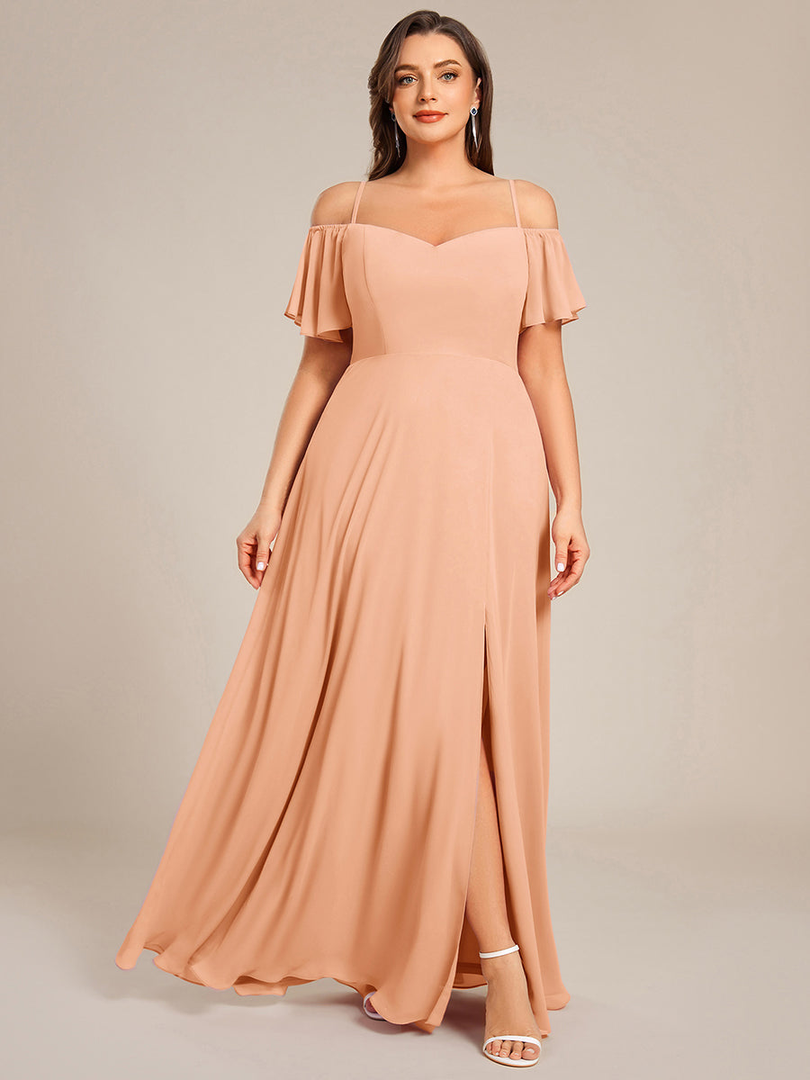 Stylish Cold Shoulder Flare Sleeves Flowy Bridesmaid Dress #color_Peach