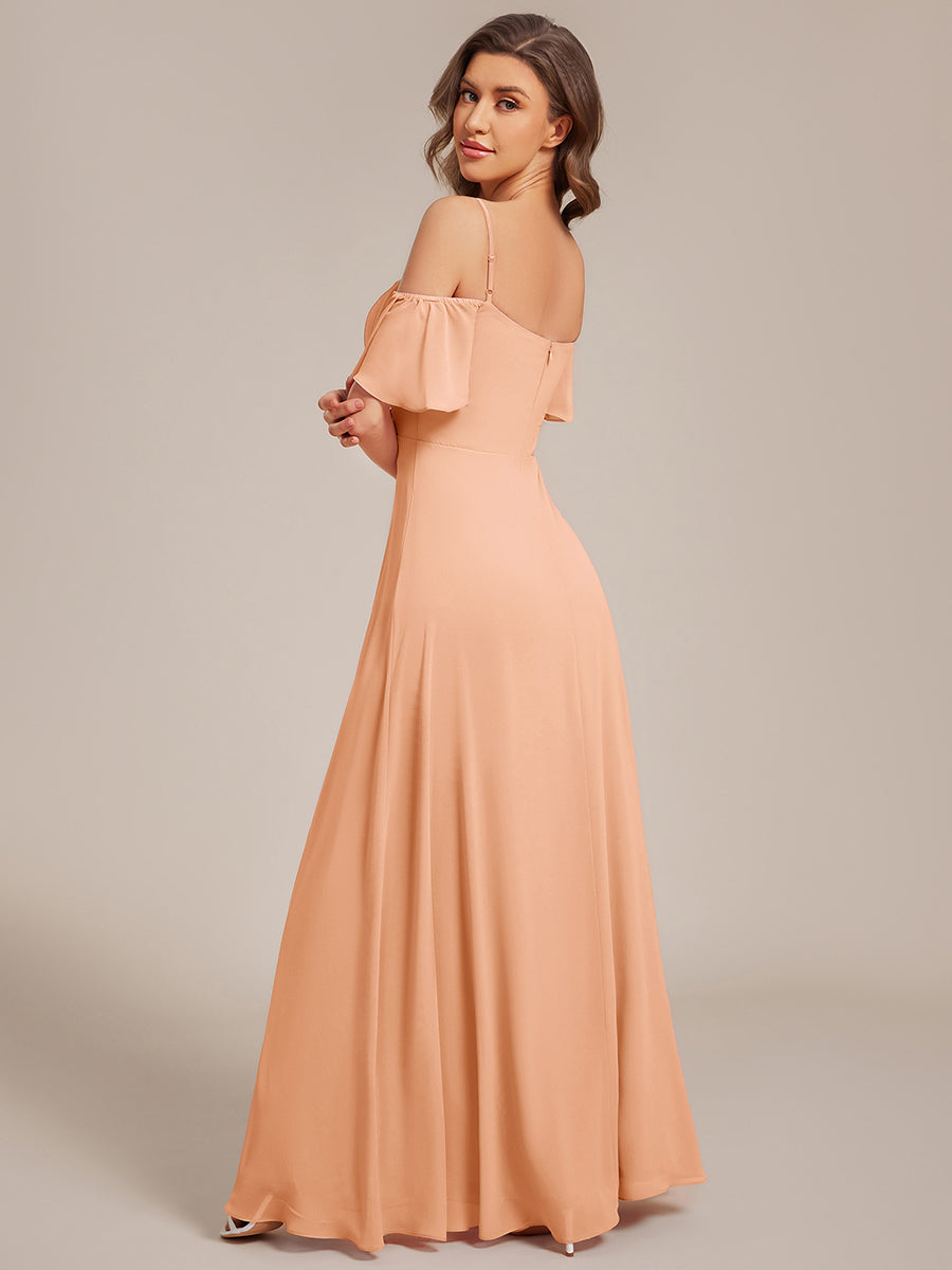 Stylish Cold Shoulder Flare Sleeves Flowy Bridesmaid Dress #color_Peach