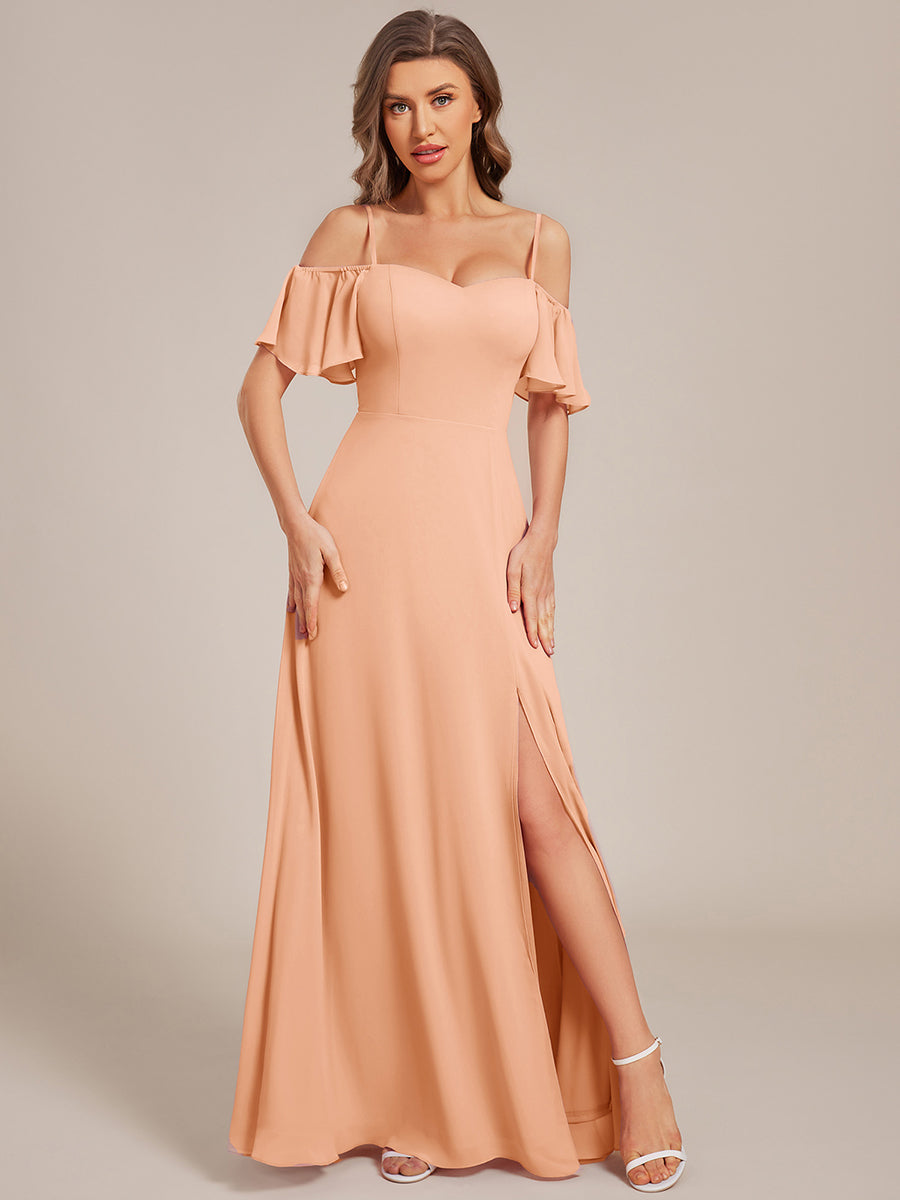 Stylish Cold Shoulder Flare Sleeves Flowy Bridesmaid Dress #color_Peach