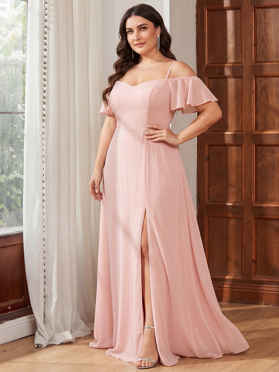 Plus Size Cold Shoulder Formal Bridesmaid Dress with Side Slit #color_Pink