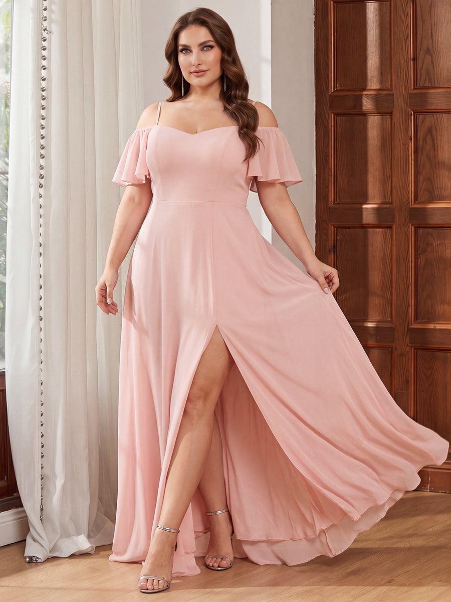 Plus Size Cold Shoulder Formal Bridesmaid Dress with Side Slit #color_Pink