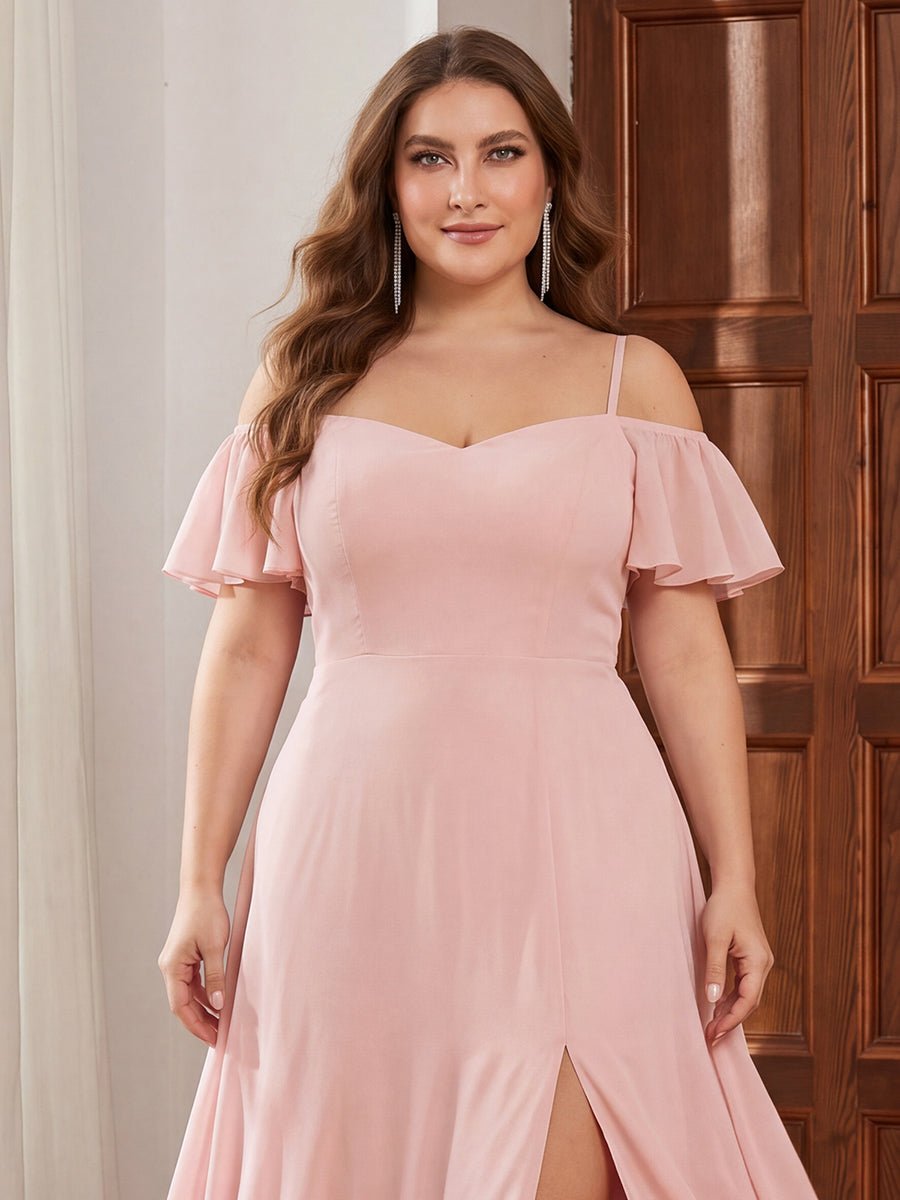 Plus Size Cold Shoulder Formal Bridesmaid Dress with Side Slit #color_Pink