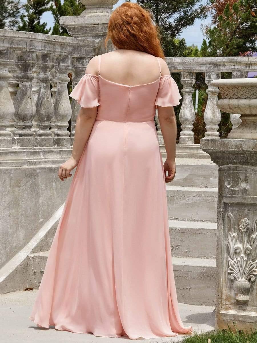 Stylish Cold Shoulder Flare Sleeves Flowy Bridesmaid Dress #color_Pink