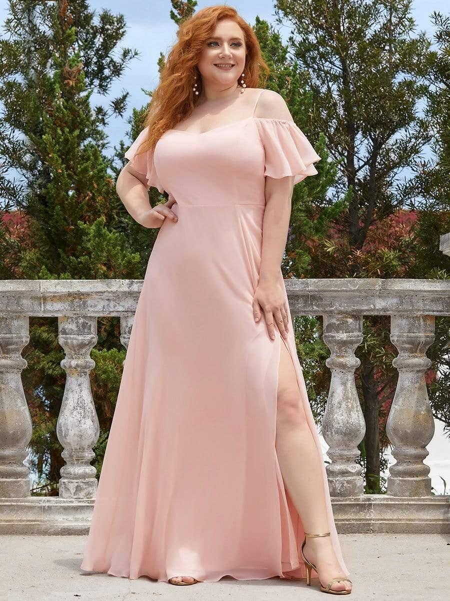 Stylish Cold Shoulder Flare Sleeves Flowy Bridesmaid Dress #color_Pink
