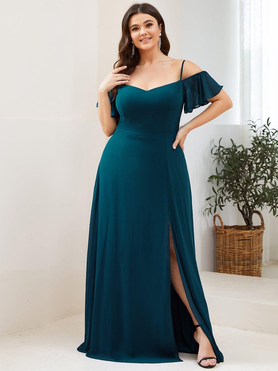 Plus Size Cold Shoulder Formal Bridesmaid Dress with Side Slit #color_Teal